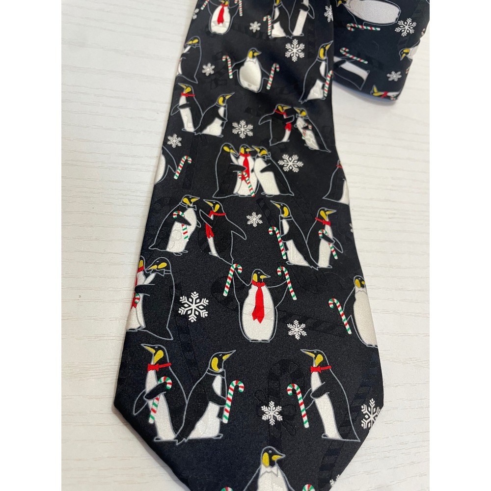 Yule Tie Greetings Penguin Candy Cane Christmas Silk Necktie Men - Picture 2 of 7
